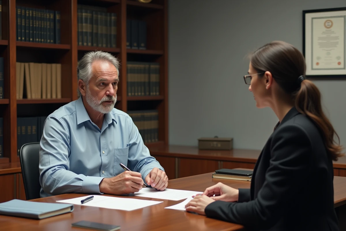 Consultation juridique entre un homme d'une famille recomposée et une notaire pour une procédure d'adoption simple