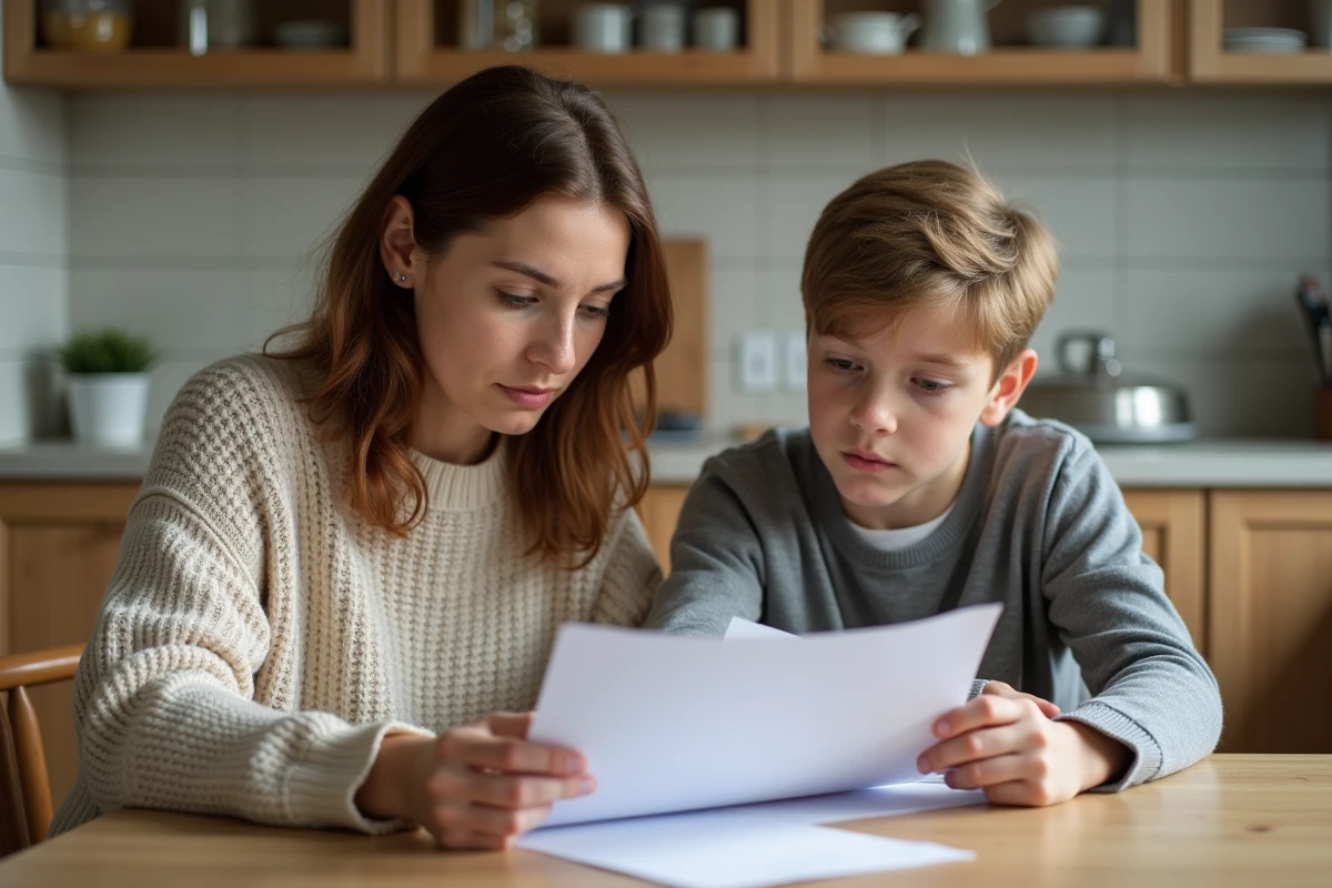 Femme et adolescent dans une famille recomposée examinant des documents d'adoption simple ensemble à une table en bois