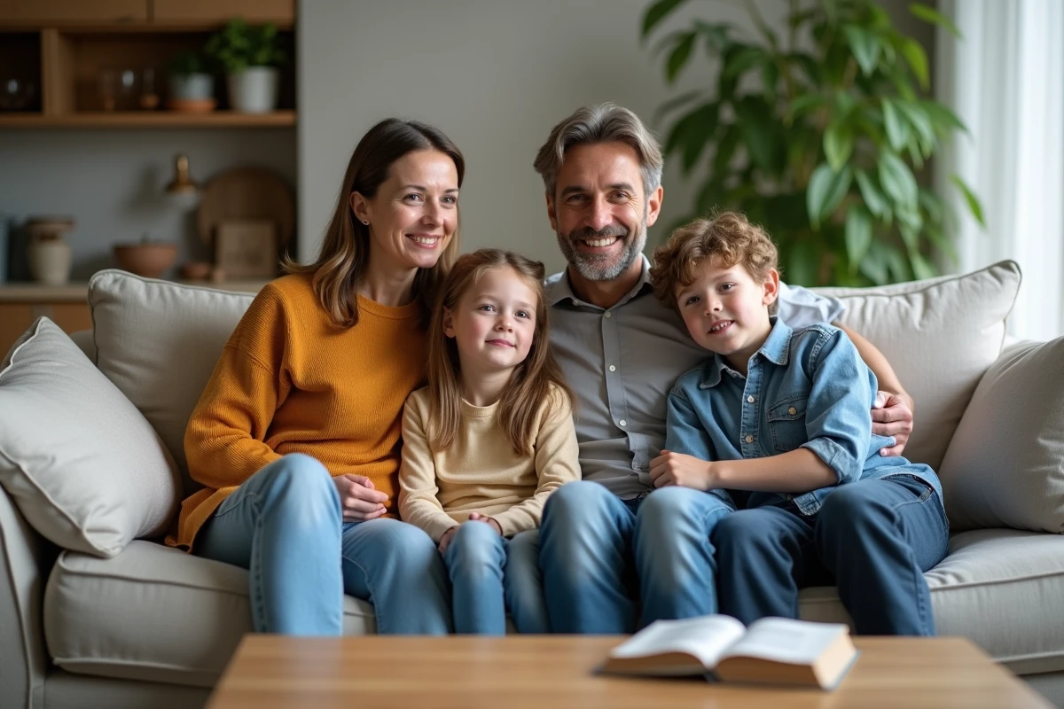 Famille recomposée réunie dans un salon, illustrant les liens affectifs au cœur d'une adoption simple