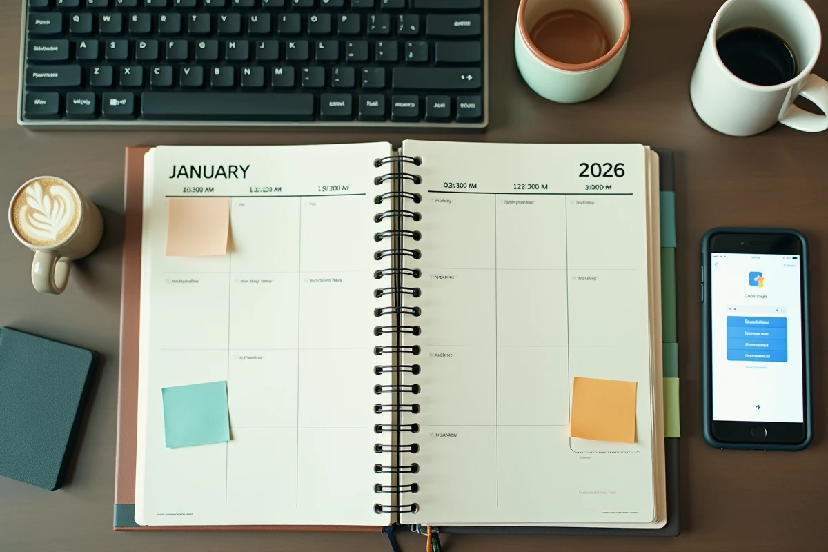 Vue aérienne d'un agenda 2026 avec semaines paires et impaires marquées à côté d'un smartphone affichant Google Agenda