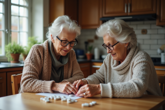 Femme âgée aidée par sa fille pour trier ses médicaments