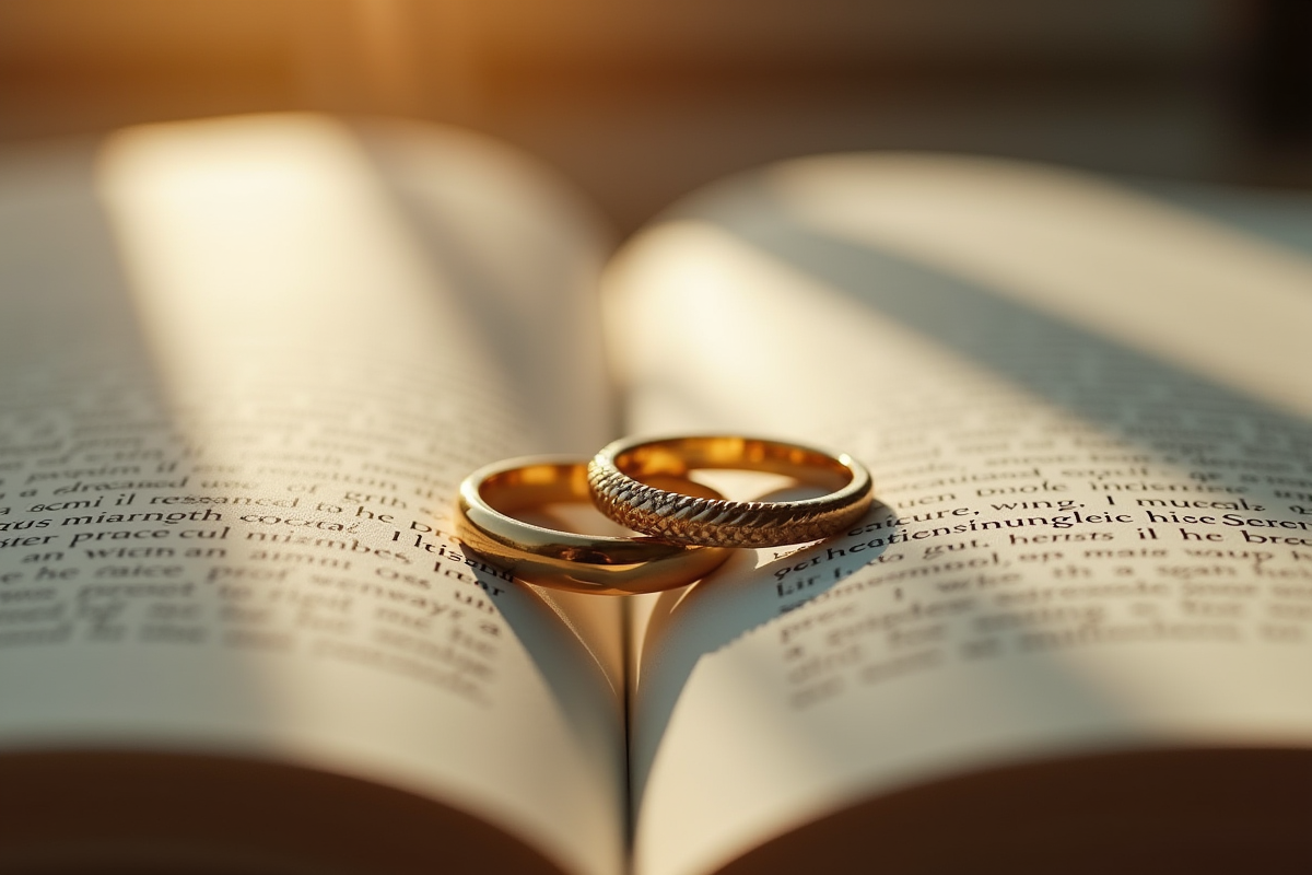 Alliances de mariage sur un livre ouvert en gros plan