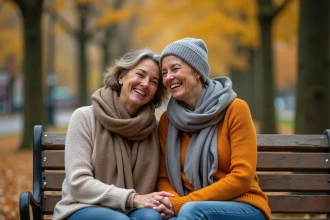 Deux amies de longue date riant ensemble sur un banc de parc en automne, illustrant une amitié sincère et durable