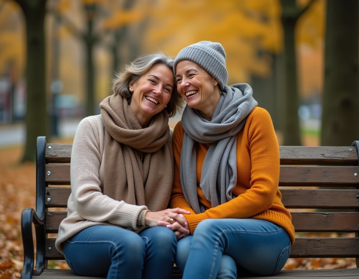 Deux amies de longue date riant ensemble sur un banc de parc en automne, illustrant une amitié sincère et durable