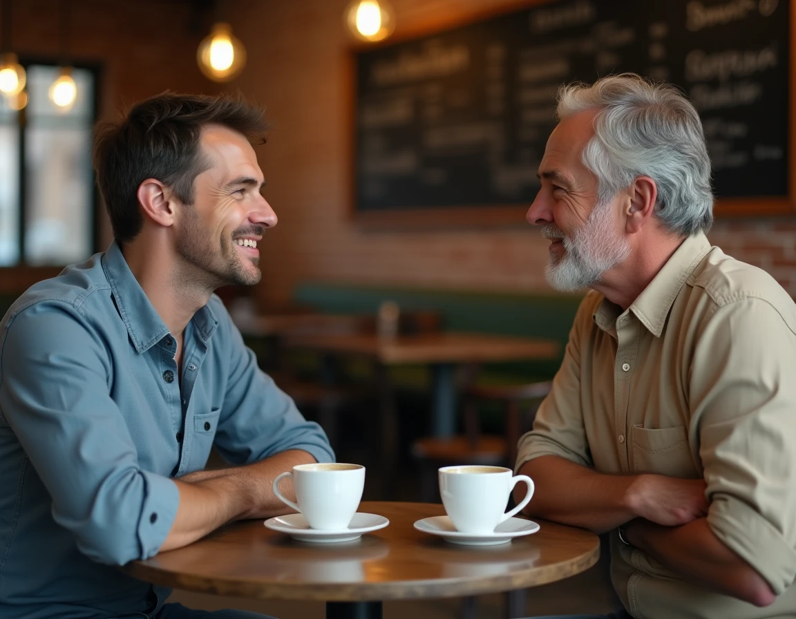 Deux amis de longue date partageant un café dans une brasserie chaleureuse, symbole d'une amitié profonde et complice