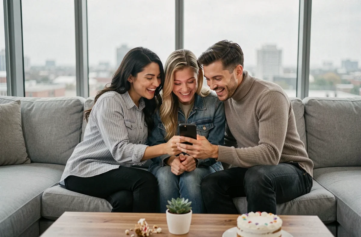 Groupe d'amis rédigeant ensemble un texte d'anniversaire sur smartphone dans un appartement moderne et lumineux