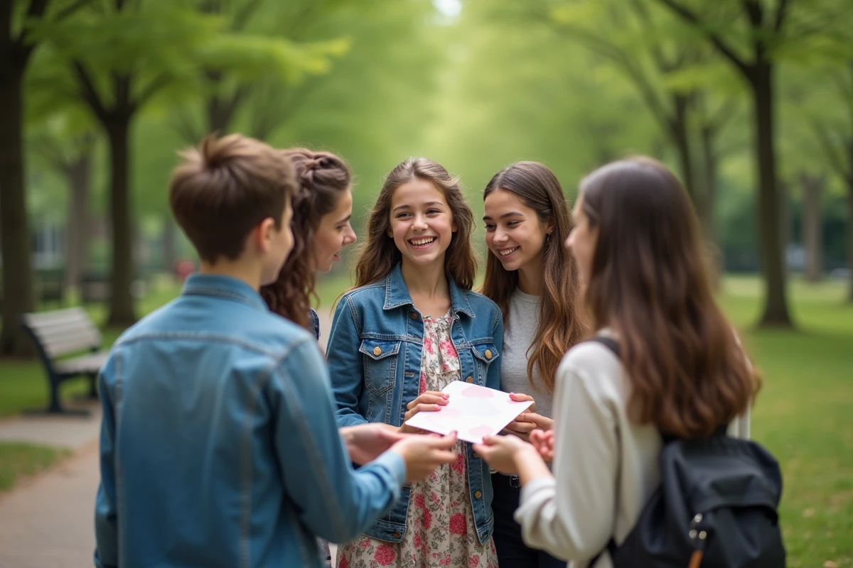 Groupe d amis jeunes offrant une enveloppe colorée à une fille