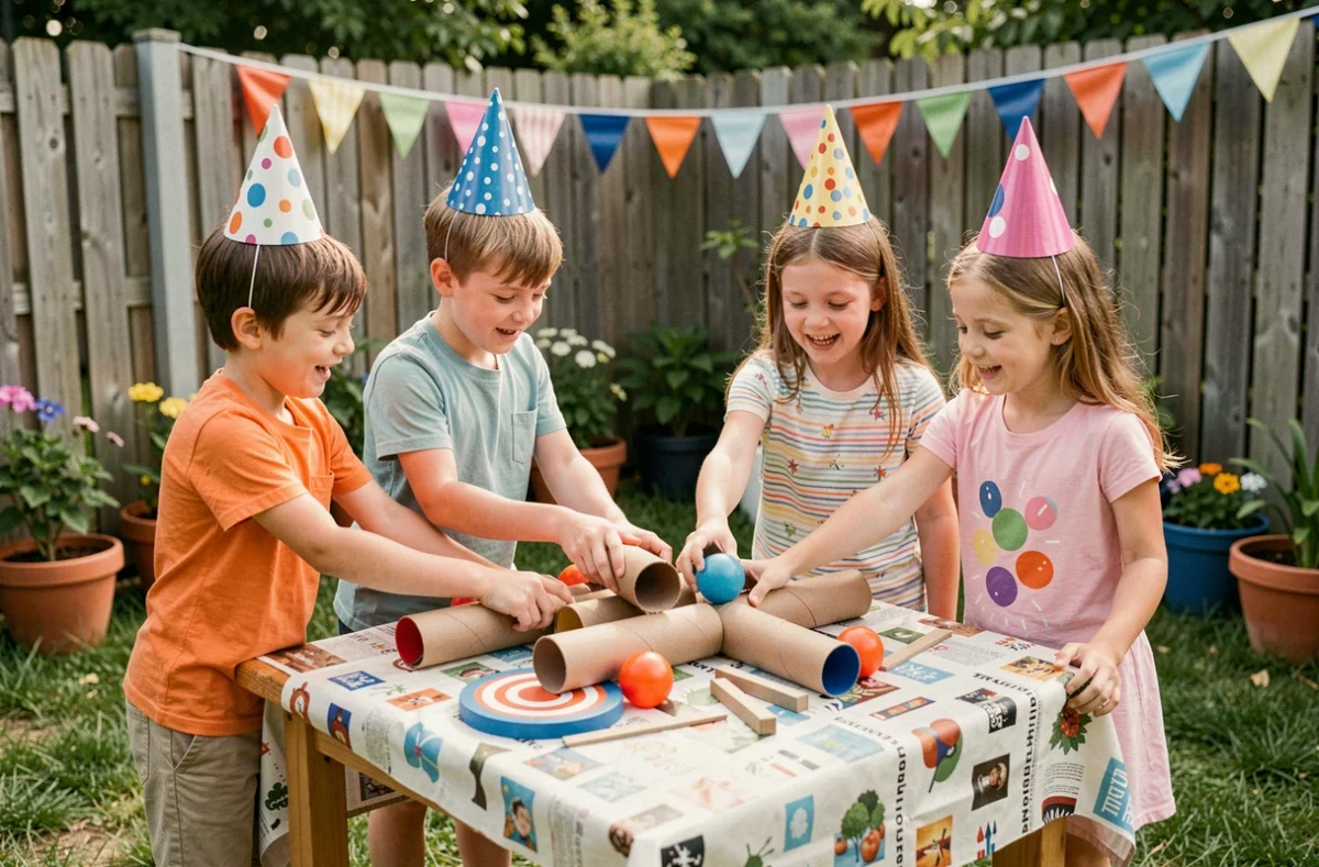 Enfants participant à un jeu d'animation coopératif en plein air lors d'une fête d'anniversaire dans un jardin, collaborant autour d'une table avec des accessoires faits main