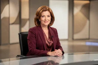 Animatrice élégante assise dans un studio de télévision moderne, souriant avec confiance lors d'une interview sur sa vie de couple