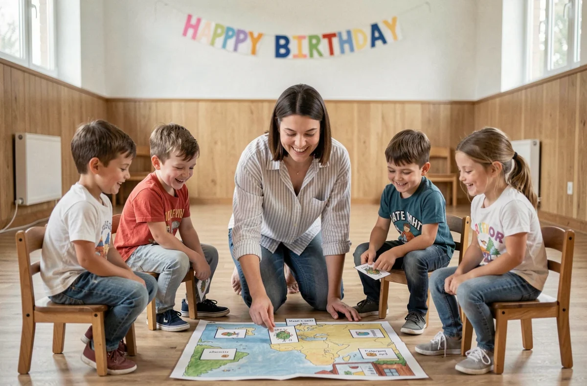 Animatrice d'anniversaire guidant des enfants dans un jeu de piste coopératif avec des cartes illustrées, assis en demi-cercle dans une salle décorée pour une fête
