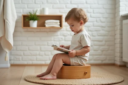 Tout-petit assis sur un petit pot Montessori en bois dans une salle de bain minimaliste, tenant un livre illustré avec une expression sereine et concentrée