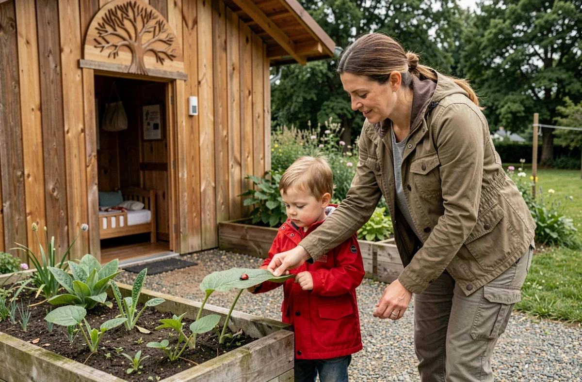 Entrée en bois de la crèche L'Arbre aux Enfants à Notre-Dame-des-Landes avec une éducatrice et un enfant observant la nature
