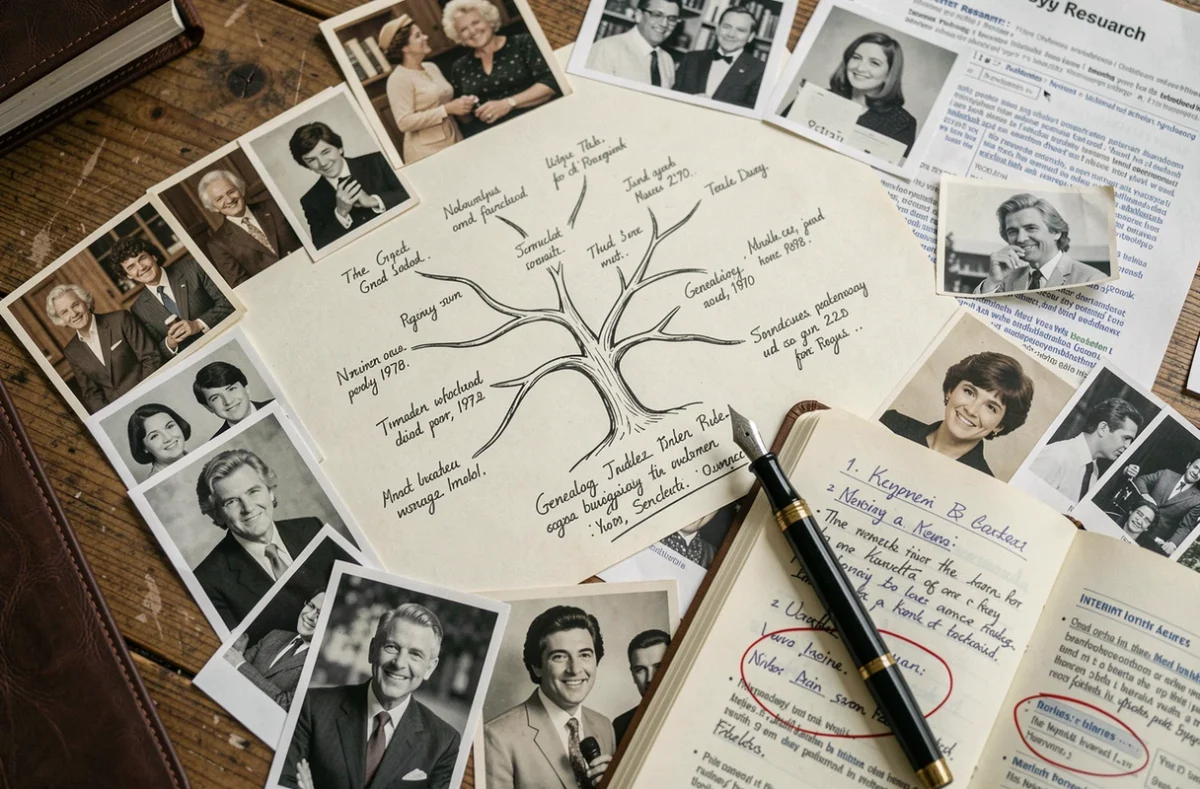 Vue aérienne d'un espace de recherche généalogique avec arbre généalogique manuscrit et photos d'archives