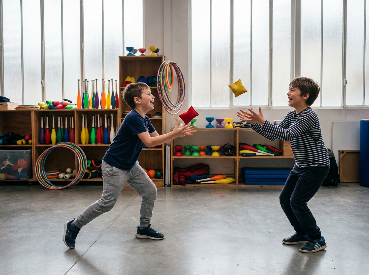 Deux garçons qui apprennent à jongler avec des sacs colorés lors d'un atelier initiation cirque pour enfants à Paris
