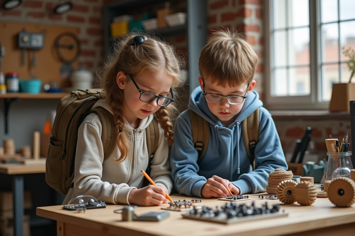 Deux enfants participant à un atelier de sciences et bricolage dans un espace maker parisien
