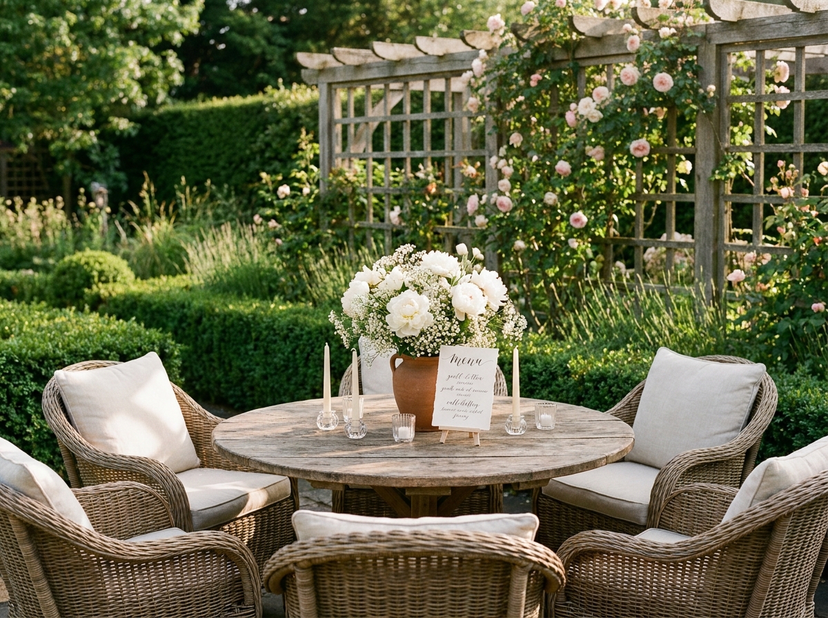Table de baby shower en extérieur dans un jardin fleuri avec pivoines blanches, bougeoirs et chaises en rotin