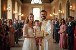 Cérémonie de baptême joyeuse dans une mairie européenne ensoleillée