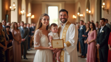 Cérémonie de baptême joyeuse dans une mairie européenne ensoleillée
