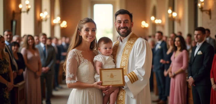 Cérémonie de baptême joyeuse dans une mairie européenne ensoleillée