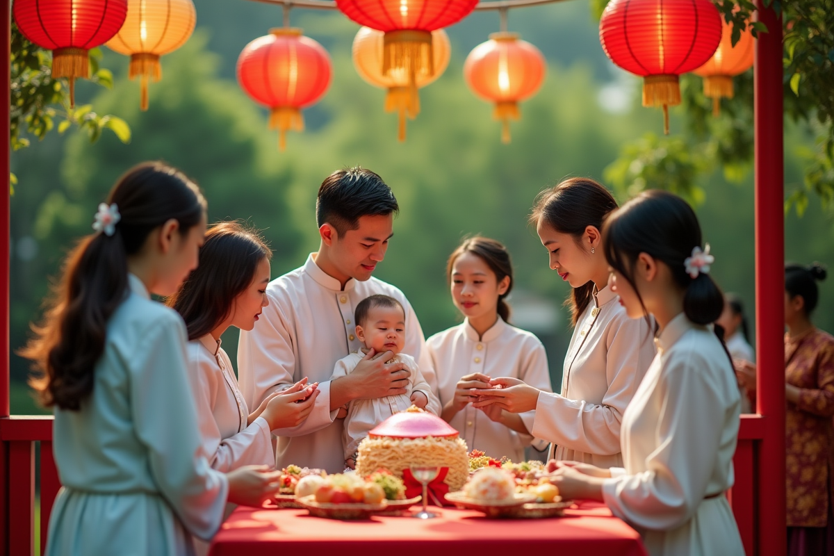 Baptême civil en plein air avec famille en tenues traditionnelles en Asie