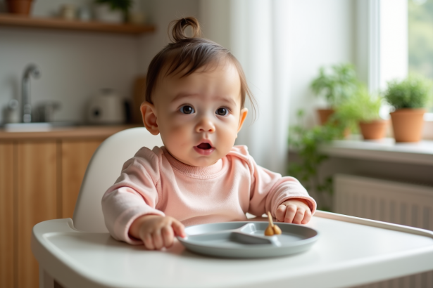 Bebe fille curieuse dans une cuisine lumineuse