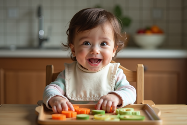 Bebe souriante mangeant des carottes et avocat dans une cuisine chaleureuse