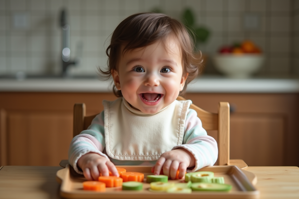 Bebe souriante mangeant des carottes et avocat dans une cuisine chaleureuse