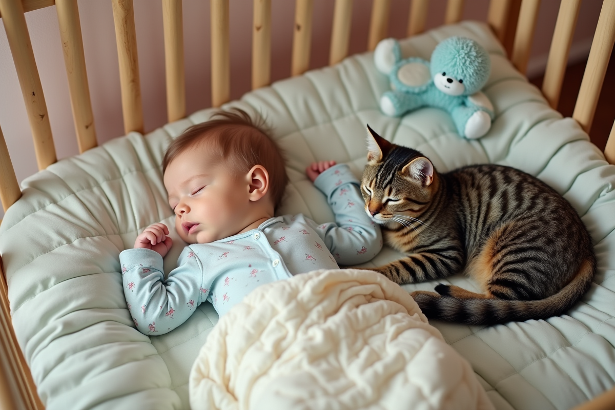 Bebe endormie dans le lit avec chat dans la nurserie