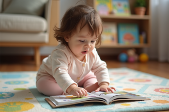 Bébé fille de 15 mois pointant un livre dans un salon chaleureux