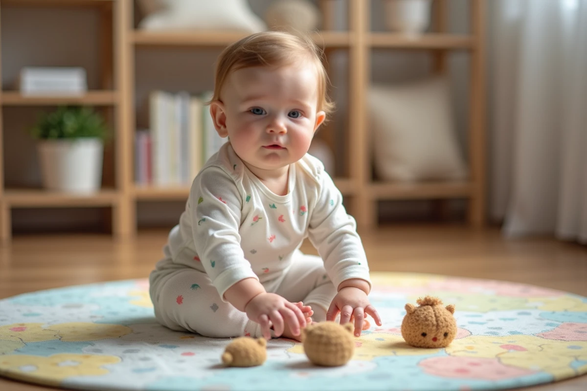 Bébé fille de 7 mois jouant avec jouets tactiles dans une nurserie