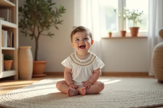 Bebe fille souriante assise sur un tapis dans un salon lumineux