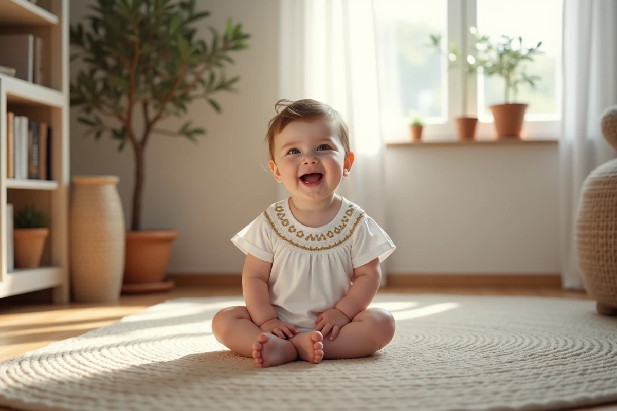 Bebe fille souriante assise sur un tapis dans un salon lumineux