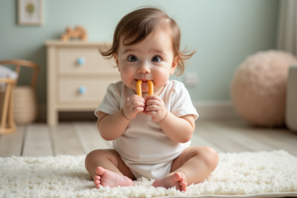 Bébé fille curieuse de 9 mois mordillant un anneau de dentition coloré