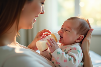 Bébé nouveau-né en pyjama pastel étant nourri au biberon par un parent dans une nurserie lumineuse