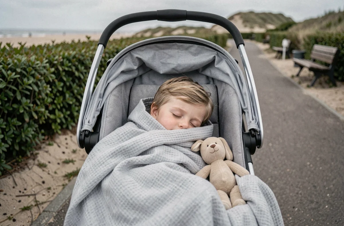 Bébé endormi dans une poussette sur un sentier calme du parc de La Panne pendant une pause sieste