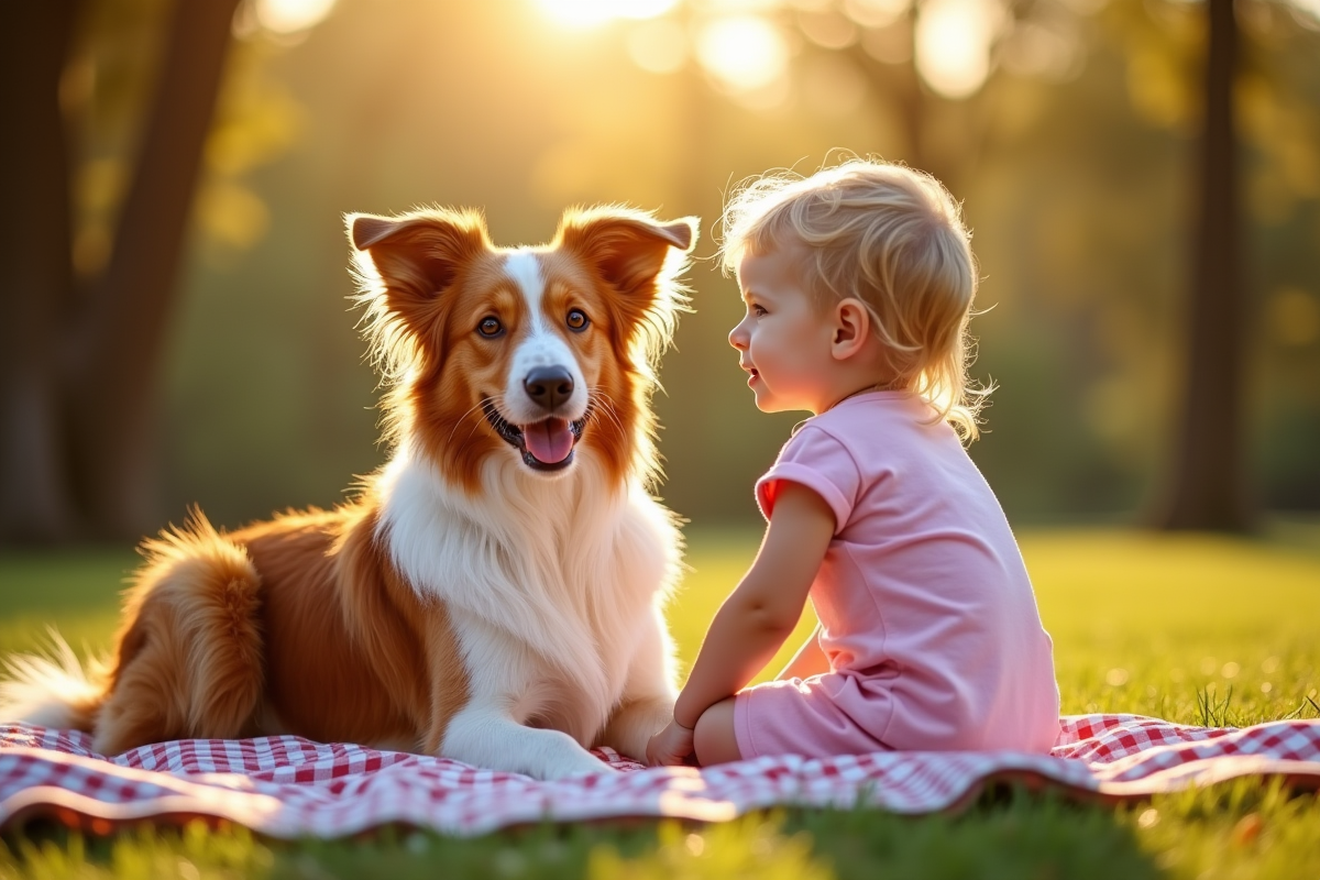 Berger australien rouge avec un enfant sur une couverture en parc