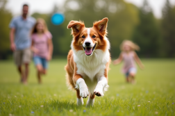 Chien berger australien rouge courant dans un champ en famille