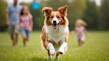 Chien berger australien rouge courant dans un champ en famille