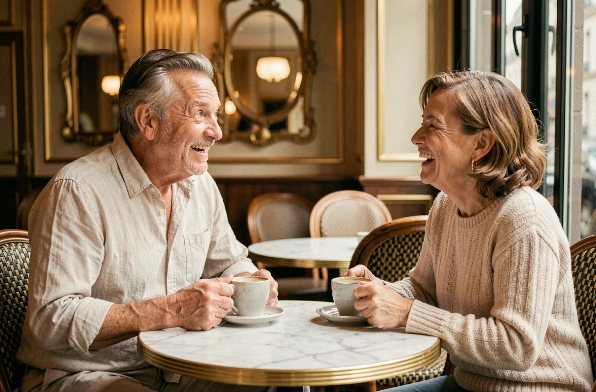 Couple complice attablé dans un café parisien, moment de partage et de rires autour d'un café