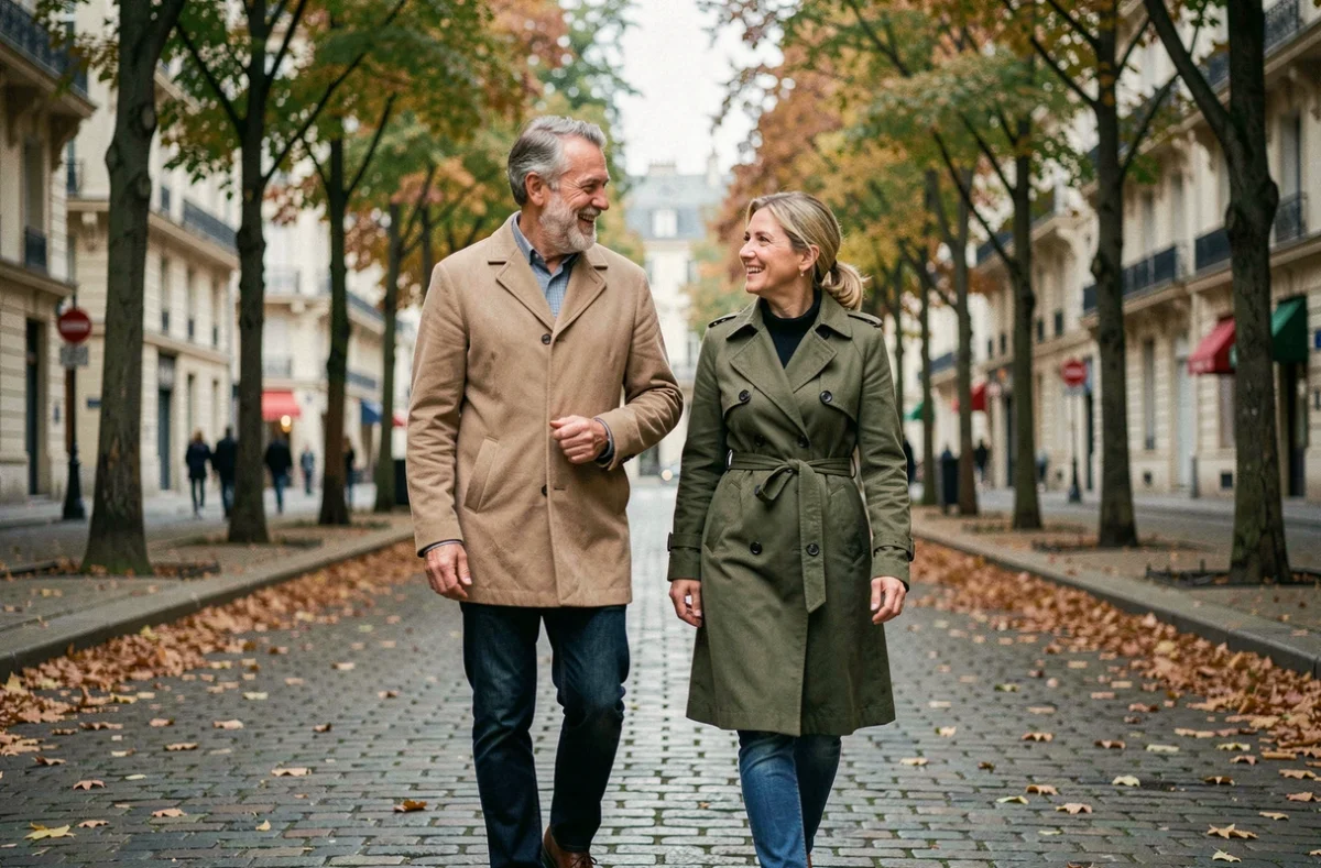 Couple complice se promenant sur un boulevard parisien en automne, ambiance détendue et naturelle