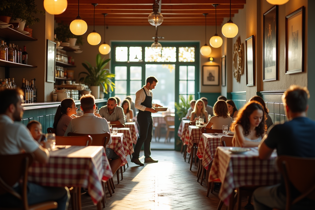 Bistro accueillant à Rennes avec serveurs et clients locaux
