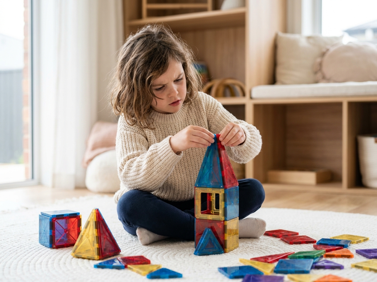 Jeune fille assemblant des blocs magnétiques colorés en formes géométriques sur un tapis blanc dans une salle de jeux moderne