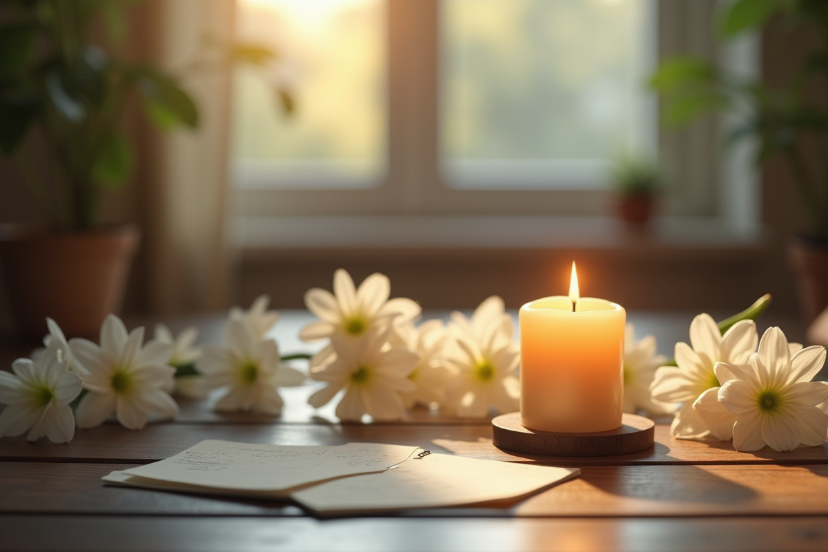 Bougie allumee entourée de fleurs blanches et notes manuscrites