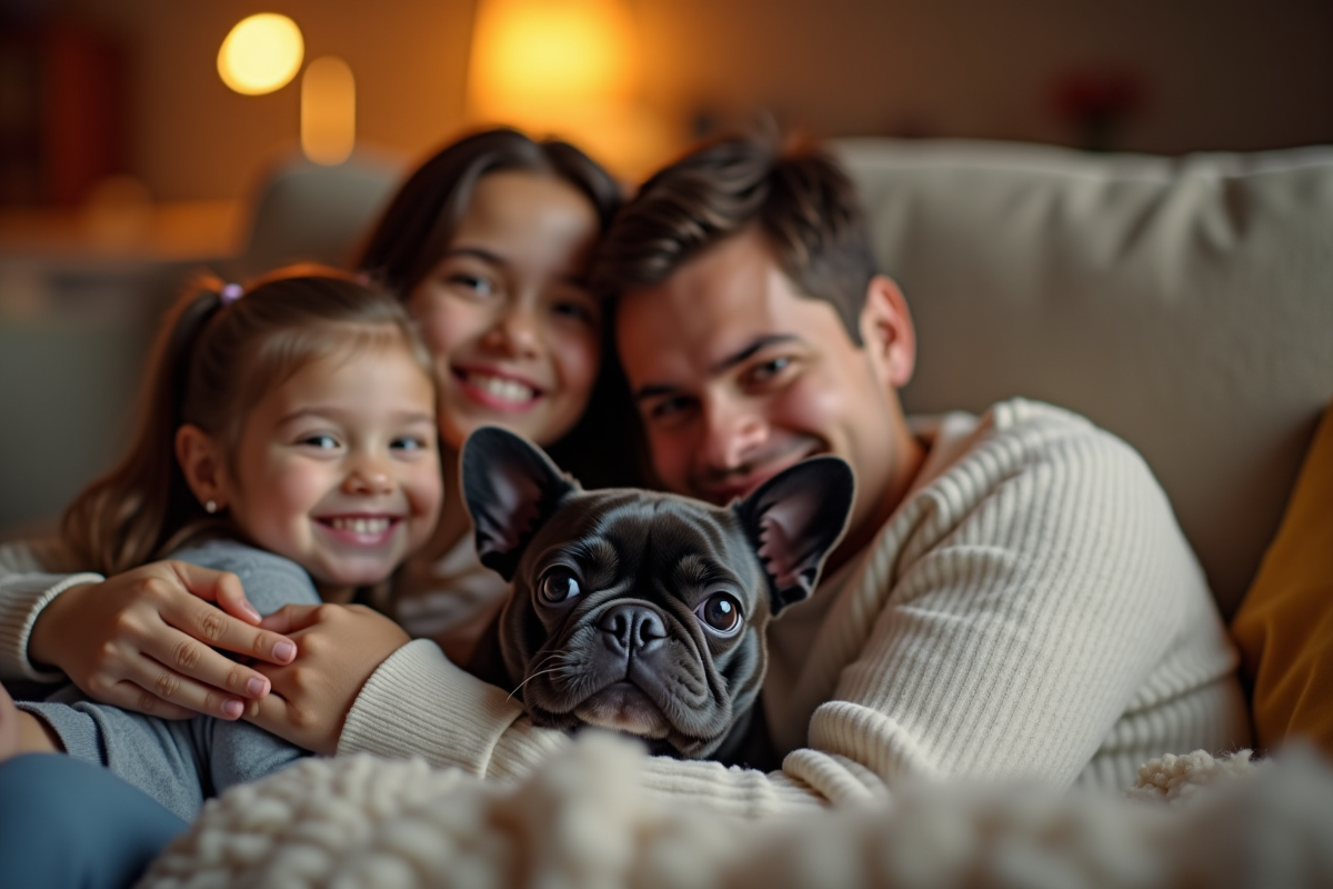 Bulldog français câliné avec famille dans le salon