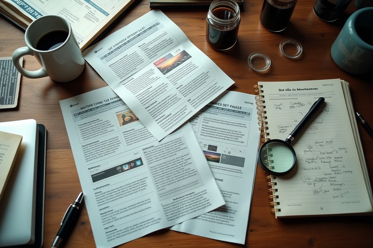 Bureau de journaliste couvert de documents d'enquête sur un site web et prises de notes manuscrites