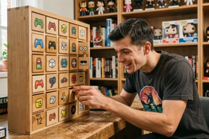Jeune homme geek ouvrant une case d'un calendrier de l'Avent en bois décoré d'icônes de jeux vidéo et de motifs pixel art