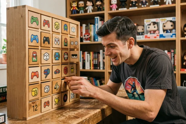 Jeune homme geek ouvrant une case d'un calendrier de l'Avent en bois décoré d'icônes de jeux vidéo et de motifs pixel art