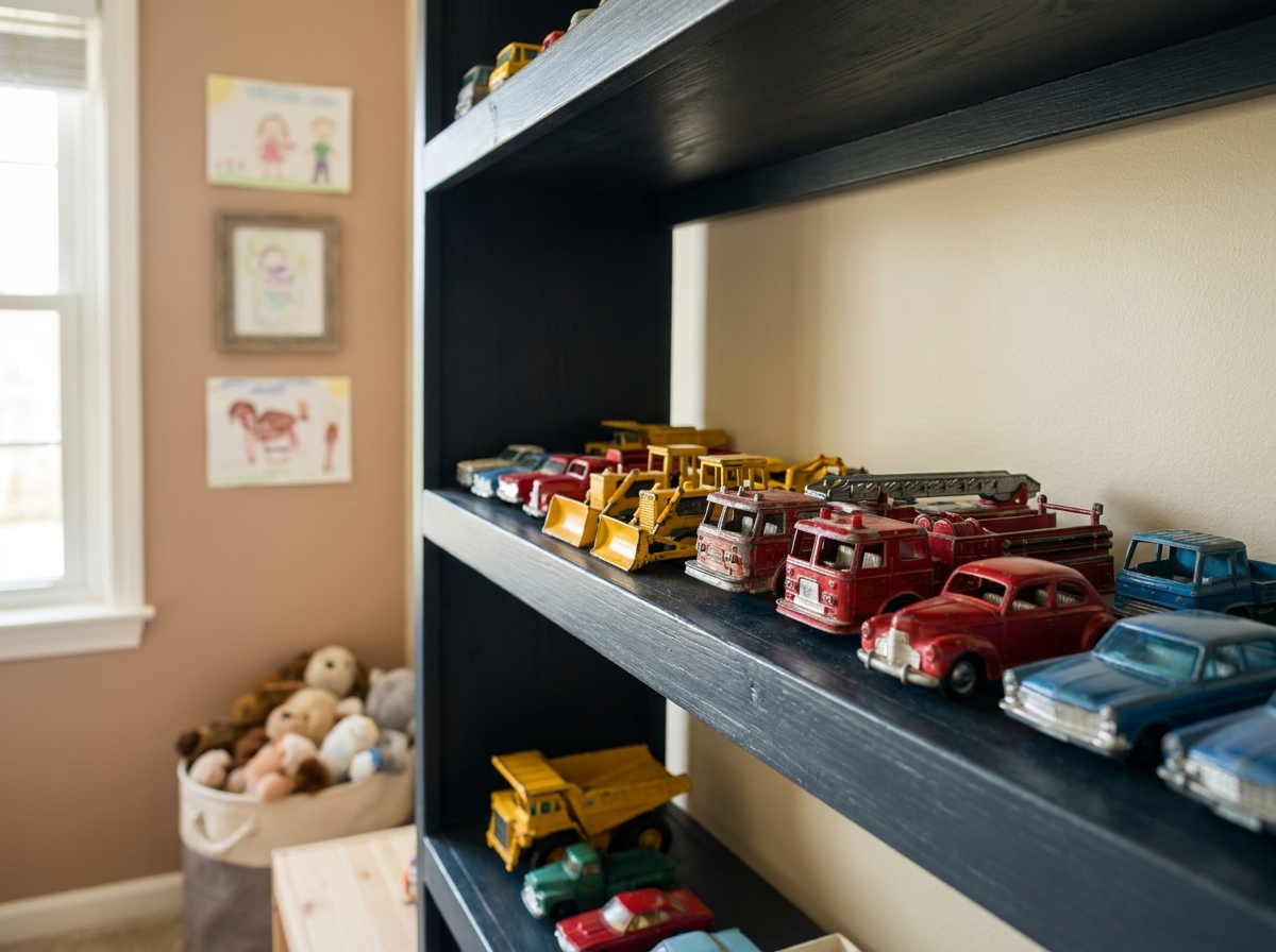Collection de camions miniatures et véhicules die-cast colorés alignés sur une étagère en bois dans une chambre d'enfant