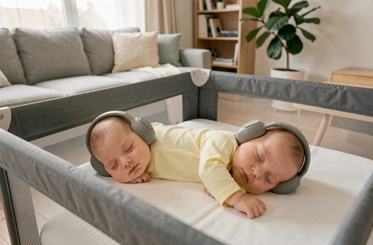 Bébé endormi avec casque anti-bruit dans un lit parapluie au milieu d'un salon familial moderne
