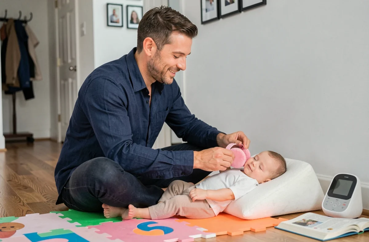 Papa ajustant un casque anti-bruit sur un bébé somnolent posé sur un coussin d'allaitement dans un couloir lumineux